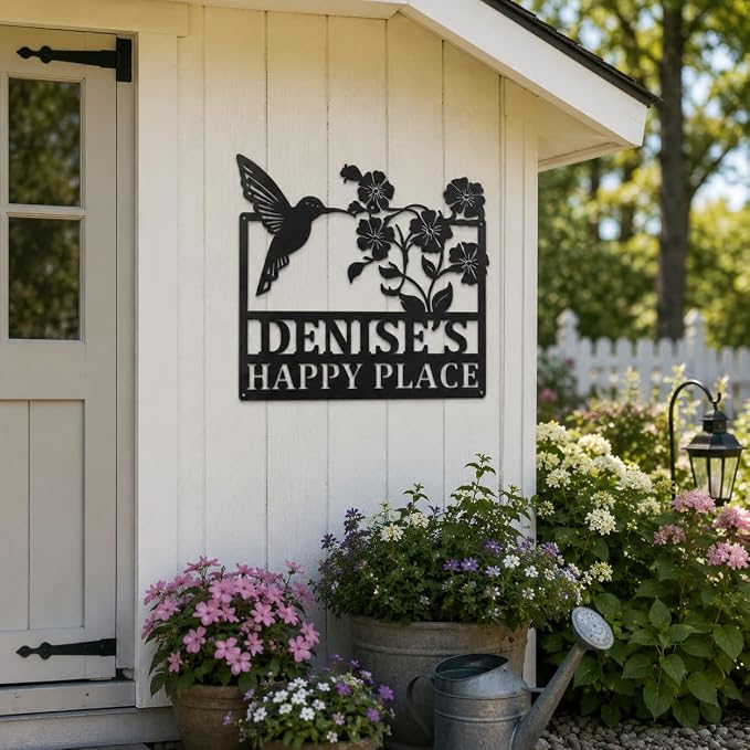Personalized Garden Sign with Stake, Custom Metal Garden Name Sign for Outside, Hummingbird Flower Yard Decor, Outdoor Garden Stake Sign, Gifts for Gardeners, Mom, Grandma, Housewarming Gift