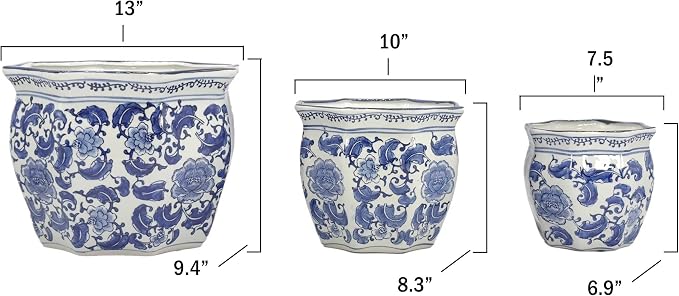 Galt International Blue & White Round Fluted Classic Floral Porcelain Ceramic Plant Flower Planter Pot Set of 3 (7.5", 10", 13") Garden Pots Chinese Asian Design