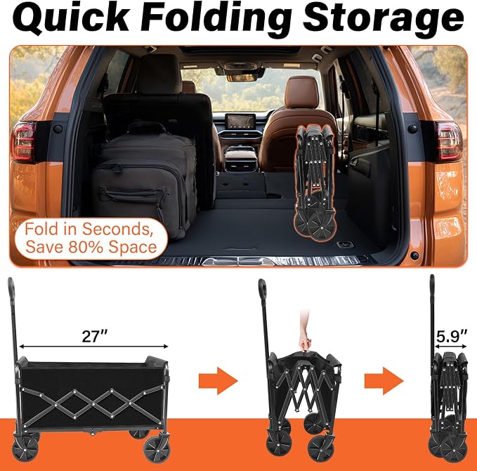 Wagons Carts Foldable - 280Lbs Collapsible Wagon Cart with Wheels Portable - Folding Wagon Lightweight for Camping, Sports, Travel, Picnic, Groceries, Shopping