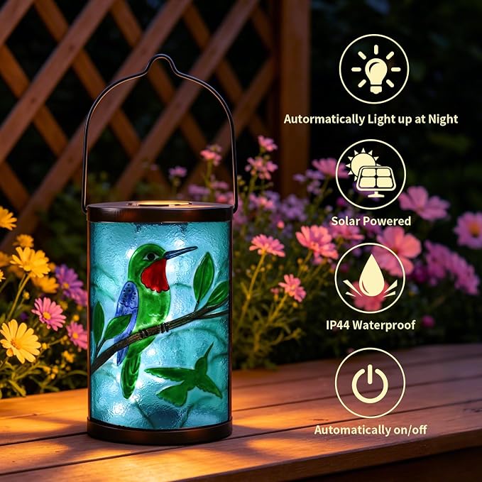 Hanging Solar Lantern Outdoor Waterproof Hummingbird Solar Lights Glass Tabletop Decorative Lamp for Outdoor Patio Garden Outside Yard Decor