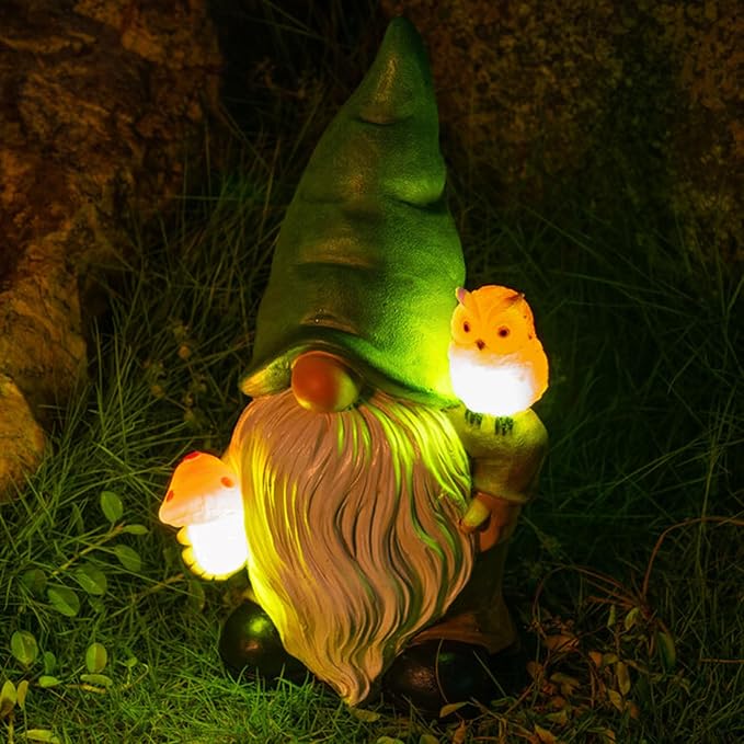 Garden Gnome Outdoor Decoration Solar Gnomes Statue with Owl LED Lights,Terrace Courtyard Lawn Patio Porch Fall Decoration Halloween Christmas Housewarming Gift for Mom Woman