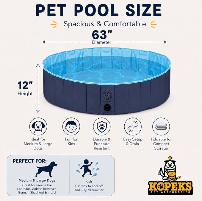 KOPEKS Outdoor Swimming Pool Bathing Tub - Portable Foldable - Ideal for Pets - XL 63" x 12",Blue,Pool-Blue-XL