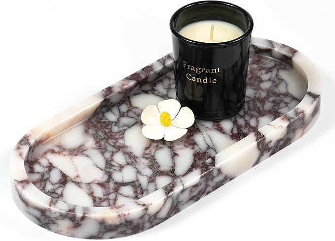 Violet Marble Oval Tray - Stone Decorative Perfume Trinket Jewelry Dish, Catchall Organizer for Bathroom Vanity Dresser Kitchen Countertop Home Decor