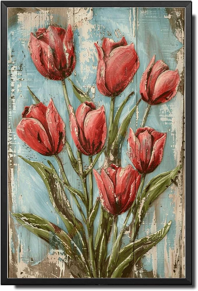 Metal Sign Tin Sign Vintage Wall Art Vintage Shabby Chic Tulip Tin Sign for Rustic Wall Art Elegant Blooms and Weathered Texture Displ Home Decor for Room 6×8 Inches with Metal Frame