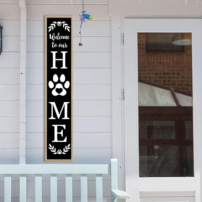 Standing Front Porch for Welcome To Our Home Sign 45"X9" Tall Vertical Leaner Paw Print Outdoor Front Door Wood Framed Decor (Wood Black)