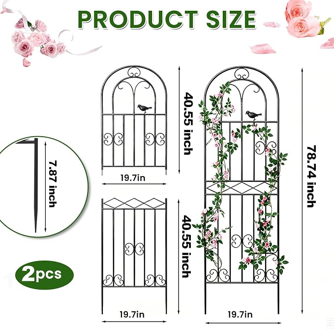 2 Pack 78.7"x19.7" Metal Gardon Trellis for Climbing Plants Flowers Outdoor, Rustproof, Heavy Duty, Black Coating Plant Support for Rose, Vines, Flowers, Perfect for Training Climbing Plants, Black
