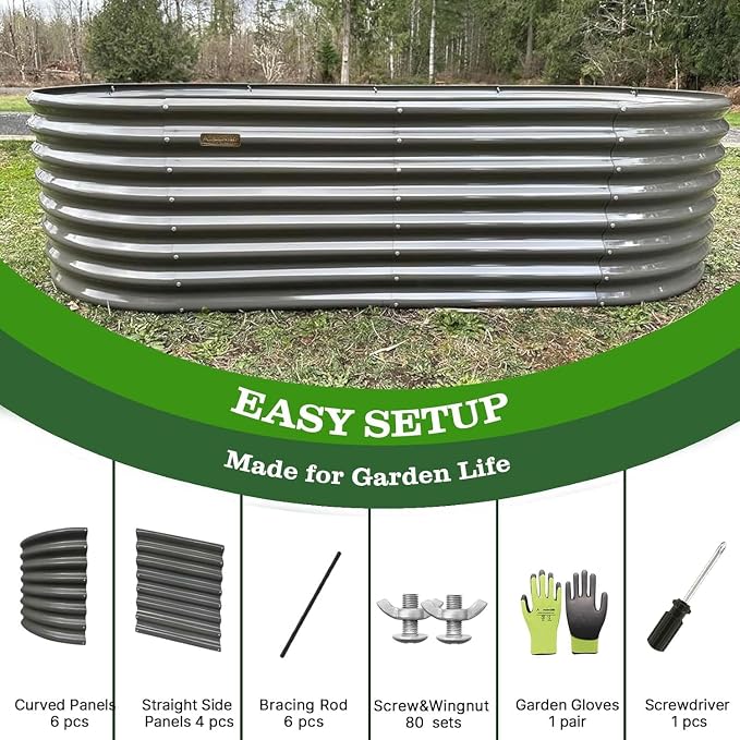 A ANLEOLIFE 8X4X2 ft Galvanized Raised Garden Beds Outdoor, Oval Large Metal Deep Root Planter Box for Planting Vegetables Flowers Herb, Anti-Rust & Easy-Setup, Quartz Grey