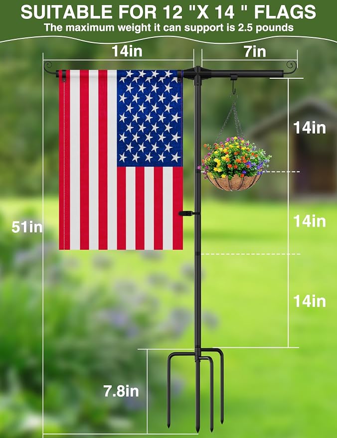 Garden Flag Holder Stand with Shepherds Hooks, 51 Inch Extra Thick Weather-Proof Powder-Coated Yard Flag Holder with 4 Prong Base, Heavy Duty 3/4 inch Aluminum Stand, Suitable for 12x18 Flag