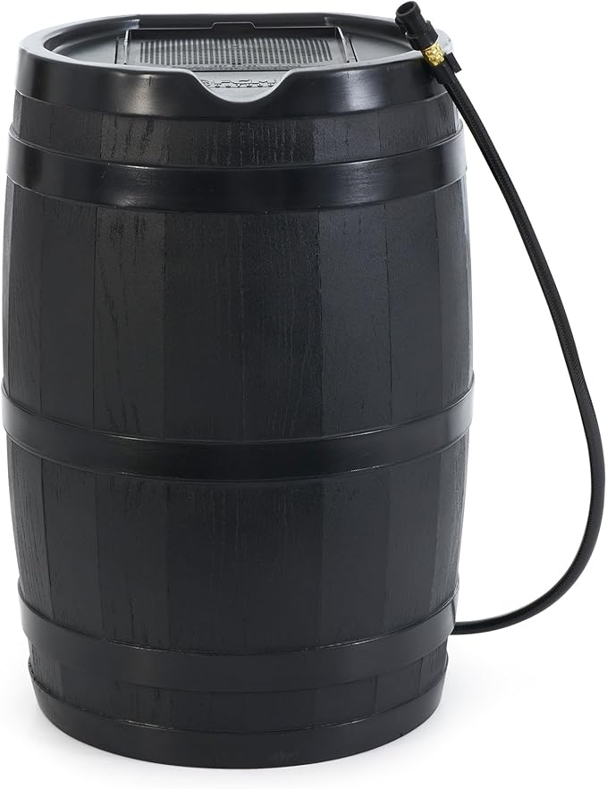 FCMP Outdoor RC45 45-Gallon Rain Barrel, Flat-Back Gutter Downspout Collector, Black - Includes 3.5-ft Hose, Shut-Off Valve & Debris Screen for Garden Rainwater Harvesting