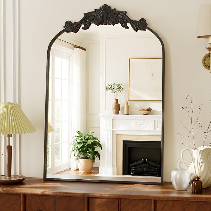 Vintage Arched Bathroom Mirror, 24x36 Inch Retro Matte Black | Wall Mounted Vanity Mirror with Carved Pattern Top and Metal Frame, Decorative Mirror for Hanging or Leaning