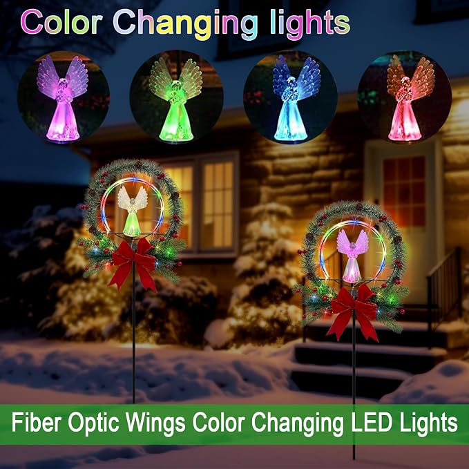 Solar Christmas Decorations Outdoor,Christmas Angel for Outdoors,Fiber Optic Wings Color Changing LED Lights for Cemetery,Patio,Yard Garden Stakes