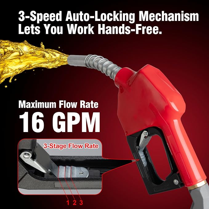 3/4" NPT Auto Shut-Off Fuel Nozzle, Gas Pump Nozzle with 3-Speed Padlock (9-16 GPM) - 360° Swivel Hose for Gasoline, Diesel, Biodiesel B20, E15 & Kerosene (RED)