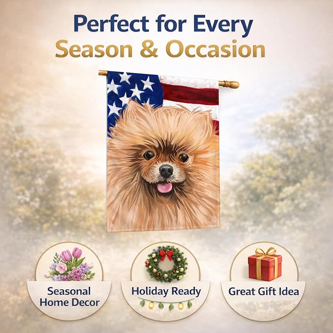 Caroline's Treasures CK6655CHF Pomeranian Dog American Flag House Flag Large Porch Sleeve Pole Decorative Outside Yard Banner Artwork Wall Hanging, Polyester, House Size, Multicolor