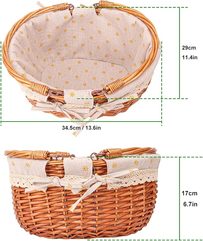 Wicker Picnic Basket with Double Folding Handles, 13.9 x 11.4 x 6.7 Inch | Hand Woven Easter Basket, Natural Willow Picnic Basket with Handle, Woven Picnic Hamper for Outdoor Camping