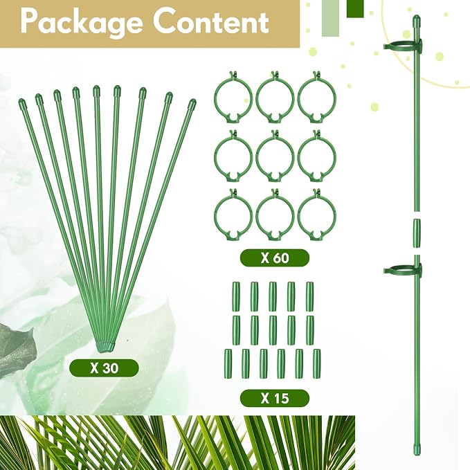 meekoo 30 Pcs 12 Inch Adjustable Plant Support Stakes for Indoor Outdoor Garden Orchid Stick Single Stem Plant Cage Support Rings with Clips and Connect Pipe for Tomato Flowers, Potted Plants (Green)