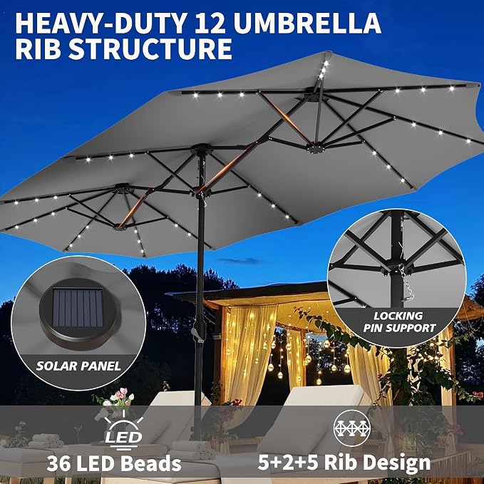 DomeShade 15ft Double-Sided Rectangle Patio Umbrella with 36 LED Solar Lights&base,UV50+ Weather-Resistant Outdoor Umbrella,Crank Lift,Patio Shade for Pool, Garden, Backyard–Gray