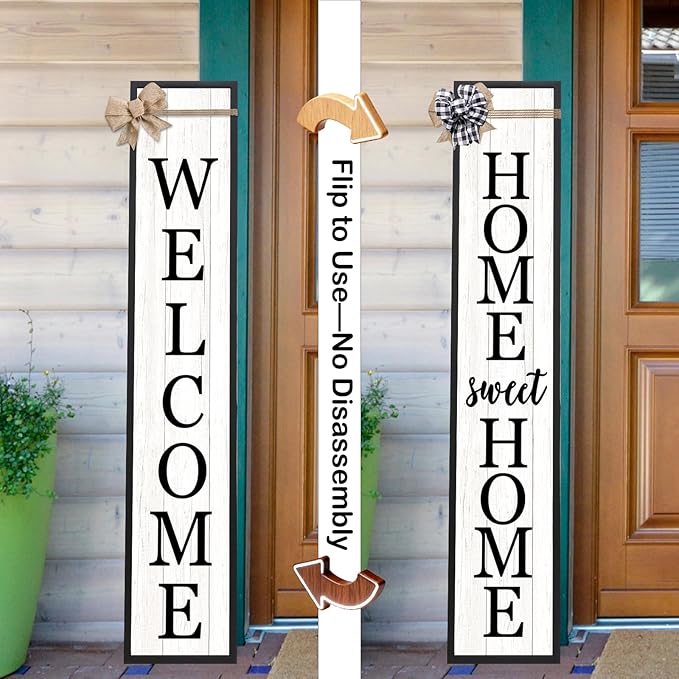 Outdoor 2in1 Welcome Sign for Front Door Home Sweet Home Sign for Farmhouse Tall Outdoor Front Porch Standing 2 Sided 45"X9" Large Vertical Leaner Rustic Outside Decor (Black)