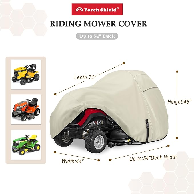 Porch Shield Heavy Duty 600D Polyester Lawn Tractor Cover Waterproof Universal Riding Lawn Mower Cover (Up to 54 inches Decks, Light Tan)