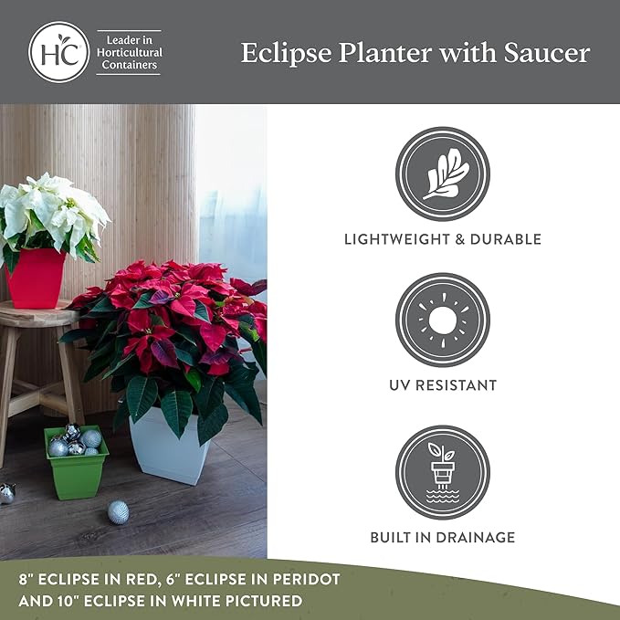 The HC Companies 12 Inch Eclipse Square Planter Pots with Drainage Holes & Attached Saucer, Lightweight UV-Resistant Plastic Indoor Outdoor Planters, 2-Pack Flower Pots, Garden Home Decor, Warm Gray
