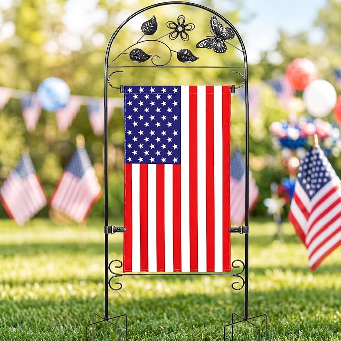 AceList Garden Flag Holder Stand for Outside, Wrought Iron Butterfly Yard Flag Pole Holder with 8-Prong Base & Windproof Velcro Clips, Heavy Duty Garden Flag Stand for 12x18 Flags, Black, (Flag Not Included)
