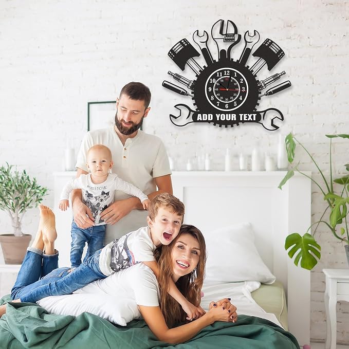 Personalized Outdoor Metal Wall Clock, Custom Name Black Wall Clock with Repair Mechanic Tools Design, Waterproof Silent Non Ticking Wall Clocks for Garage Workshop Office Man Cave, Gifts for Men