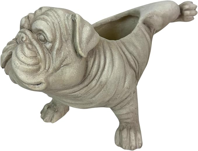 Zeckos Bulldog Planter, Antique Stone Finish Magnesium Oxide Freestanding Dog Planter, 11 Inch Tall Decorative MGO Animal Planter with Drain Hole for Indoor Display and Decor