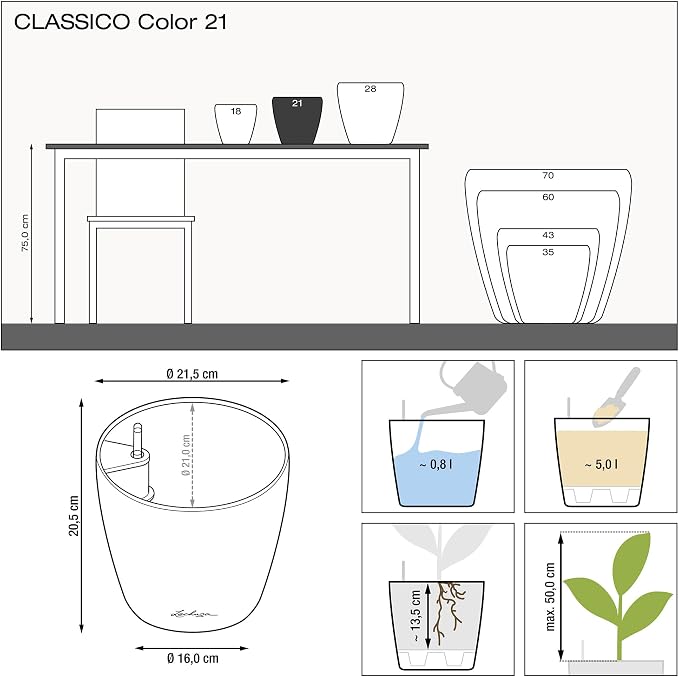 Lechuza Classico Color 21 Sand Brown, Self-Watering Small Round Planter, D8.3 H7.9 in