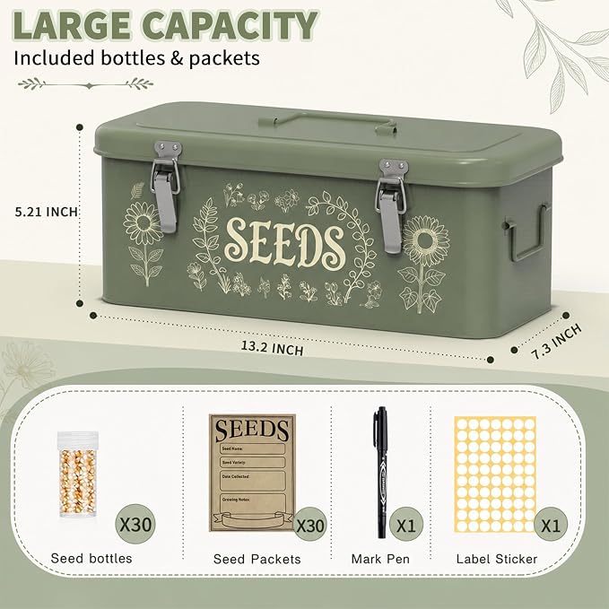 Metal Seed Storage Organizer, 4 Compartment Locking Seed Saving Box | Includes 30 Bottles & Envelopes, Dark Green Vintage Garden Seed Organizer for Flower Vegetable Heirloom Seeds