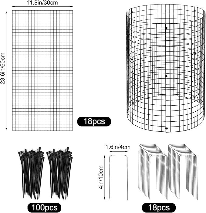 18 Pcs 24'' x 12'' Large Wire Plant Protector from Animals 6 Pack Metal Plant Cage Chicken Wire Cloche with Nylon Tie and Ground Stakes Keep Animals Out Garden Protection Bunny Barricade