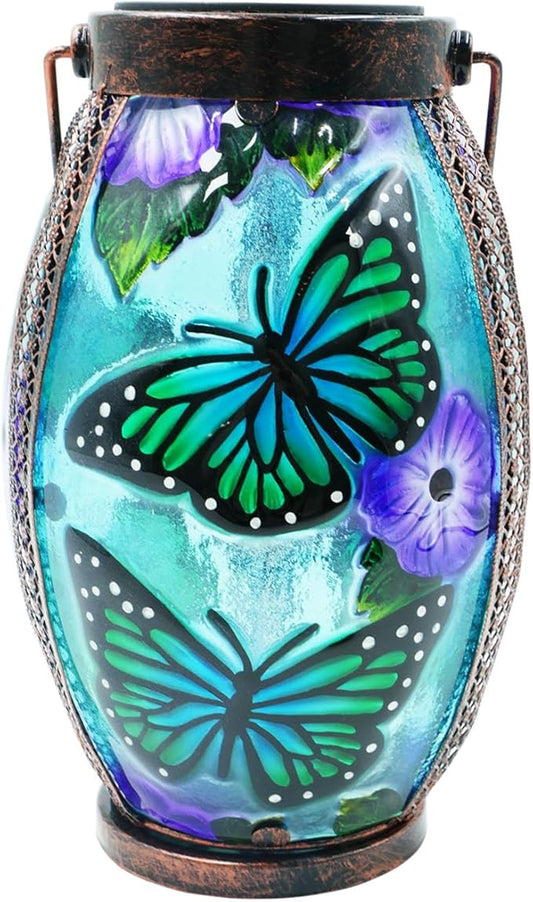 Butterfly Solar Lanterns Glass & Metal Hanging Solar Lantern Outdoor Waterproof 13.8" H Tabletop Light for Garden Patio Table Decor Mother's Day Gift