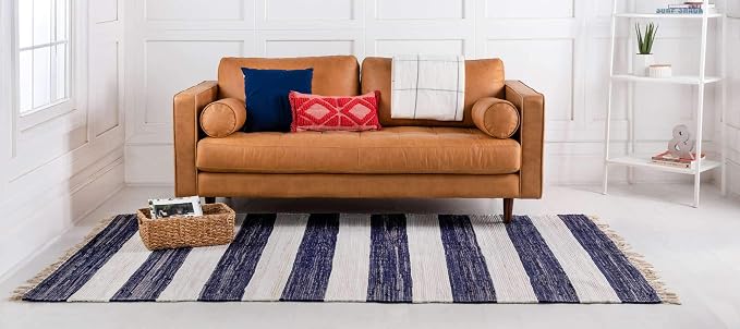Unique Loom Chindi Rag Collection Area Rug - Striped (6' 1" x 9' Rectangle, Navy Blue/ Ivory)