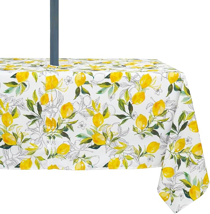 Outdoor Tablecloth with Umbrella Hole Lemon Print Outdoor Table Cover, Windproof & Easy Install Patio Tablecloth for Picnic, Garden, Backyard & Summer Parties 60 x 102 in