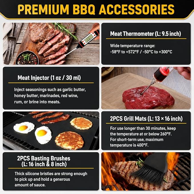 34Pcs Grill Accessories Grilling Gifts for Men, 16 Inches Heavy Duty BBQ Accessories, Stainless Steel BBQ Tools with Thermometer, Grill Mats for Backyard, BBQ Set for Men Women
