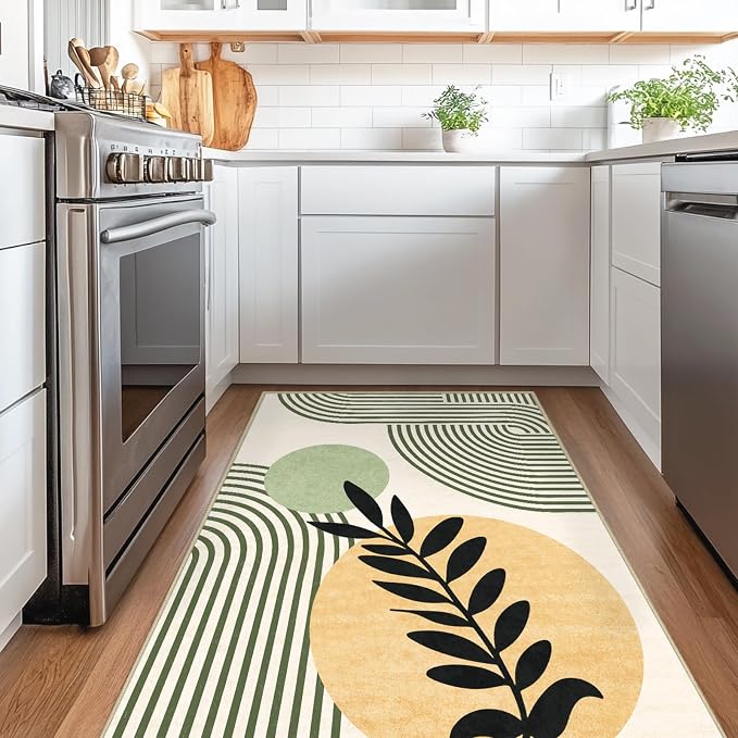 Mid Century Modern Rug 4x6 Green Boho Area Rug for Living Room | Washable Tropical Leave Rugs Geometric Abstract Low Pile Non-Slip Floor Carpet for Dining Room Bedroom Kitchen Office