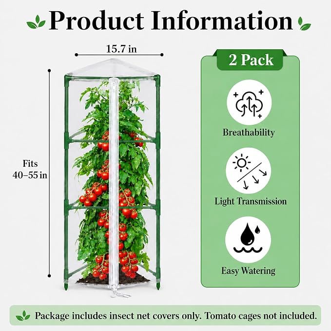 Halatool Garden Tomato Plant Cover Netting, Fits 40–55" Tall Tomato Cages, Garden Bird Netting with Zipper & Drawstring, Insect Barrier, Plant Covers from Insects Animals, 2 Pack, 45"×15.7"