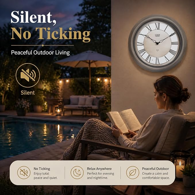 Pytha Sight 18 Inch Outdoor Clocks Waterproof, Atomic Analog Large Roman Numerals Outdoor Wall Clock with Light Sensor, Silent Non-Ticking Outdoor Clock for Patio Garden Porch Pool