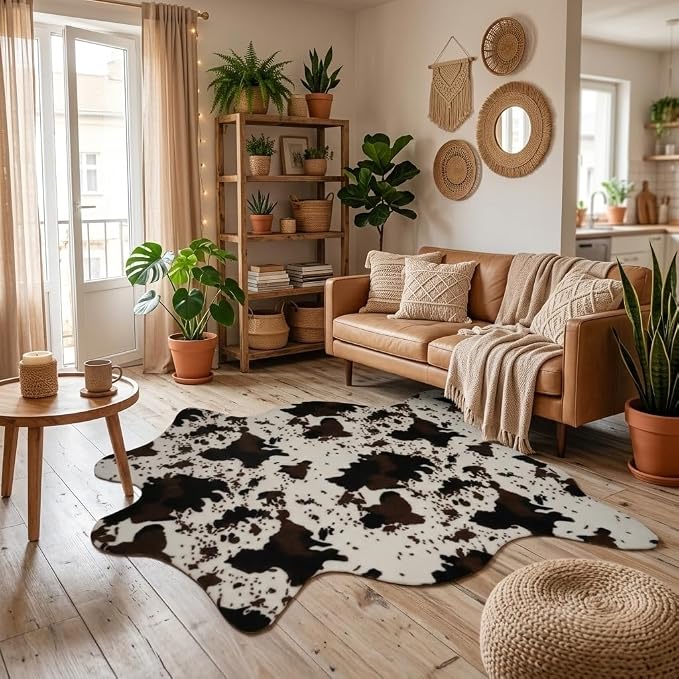 MustMat Faux Cowhide Rug, Western Cow Print Area Rug 4'7"x 5'3" | Ideal for Living Room, Bedroom, Dining Room & Entryways. Fits Vintage & Rustic Decor, Great for Holiday & Birthday Parties