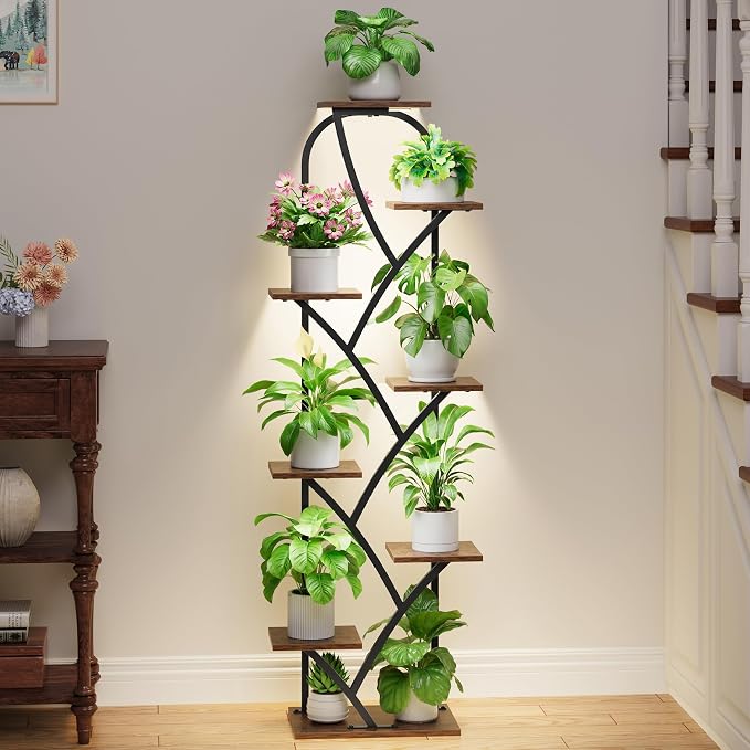 Indoor Plant Stand with Grow Lights, 8 Tiered, 59.5" Tall | Plant Shelf, Flower Holder, Heavy Duty Anti-rust Iron Pipes, Water-resistant & Anti-corrosive Wood, Auto Timer