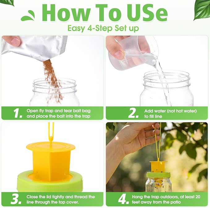 12 Pack Fly Traps Outdoor, Reusable Fly Catcher Bottles with Bait Hanging Flies Traps with Non-Toxic Dissolvable Bait Refills for Flying Insect Drain Patio Garden Yard Barn Outdoor