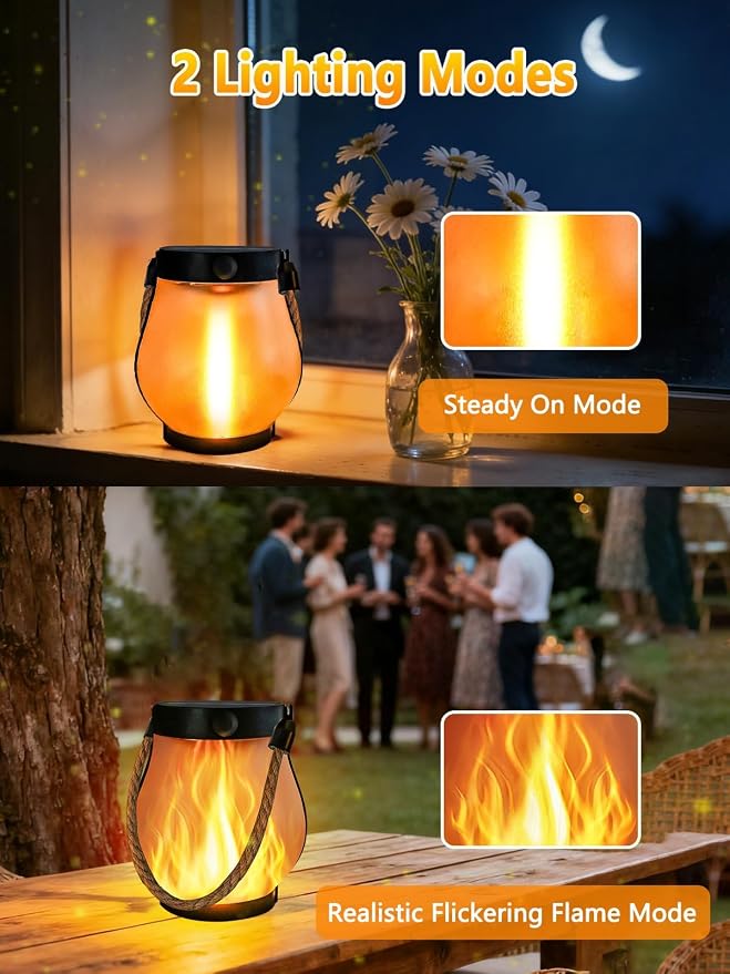 2 Pack Gen2 Solar Lanterns Outdoor Waterproof Hanging Solar Flame Lights | 2 Lighting Modes, USB & Solar Charging, Hanging Hemp Rope, IP65 Waterproof, for Patio Yard Camp Garden Tree Tabletop Decor