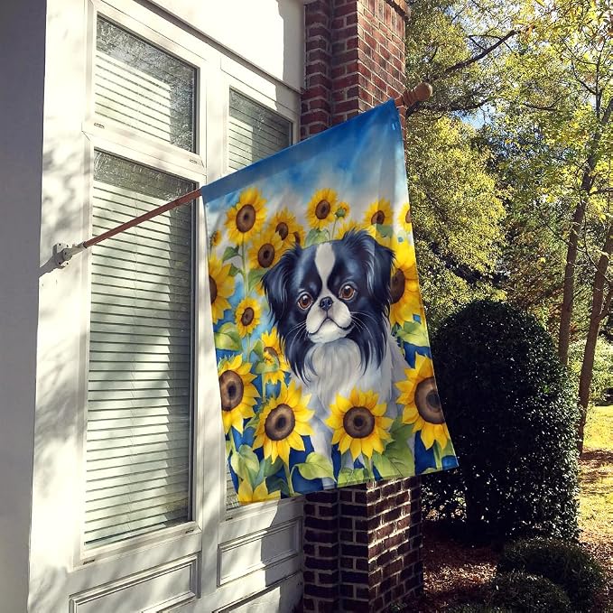 Caroline's Treasures DAC6103CHF Japanese Chin in Sunflowers House Flag Large Porch Sleeve Pole Decorative Outside Yard Banner Artwork Wall Hanging, Polyester, House Size, Multicolor