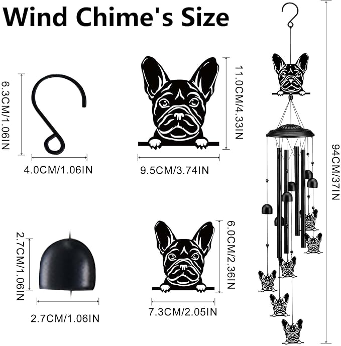 Bulldog Wind Chimes for Outside/Indoors, Bulldog Gifts for Women Mom Grandma, Aluminum Tubes Windchimes S Hook, 37" Wind Chime Hanging Decor for Home Patio Garden Porch Yard (Black-Bulldog)