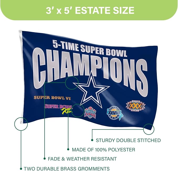 Team Sports America NFL Dallas Cowboys Multi-Win Superbowl Champions 3x5 Flag for Outside with Grommets | Outdoor & Indoor | Heavy Duty Flag & Banner | Works with Flag Pole for Outside House