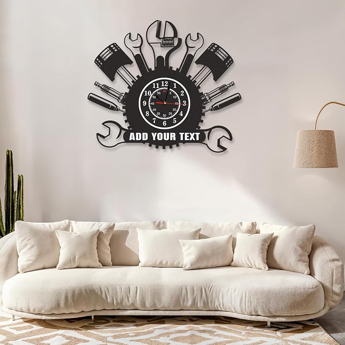 Personalized Outdoor Metal Wall Clock, Custom Name Black Wall Clock with Repair Mechanic Tools Design, Waterproof Silent Non Ticking Wall Clocks for Garage Workshop Office Man Cave, Gifts for Men