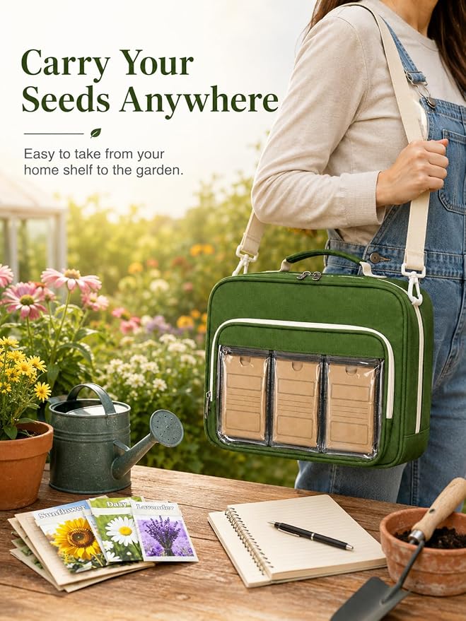 Seed Storage Organizer Bag with 30 Reusable Envelopes & 30 Protective Sleeves, Portable Garden Binder for Vegetable, Flower & Herb Packets, Green