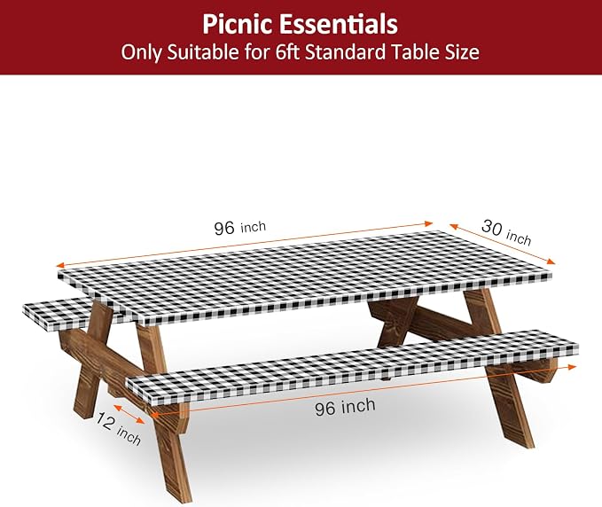 8ft Picnic Table and Bench Cover, Camping Essentials RV Gear, 96 in Waterproof Windproof Outdoor Elastic All Around Tablecloth, Fitted Rectangle Tables and Seats, Black-White Checkered