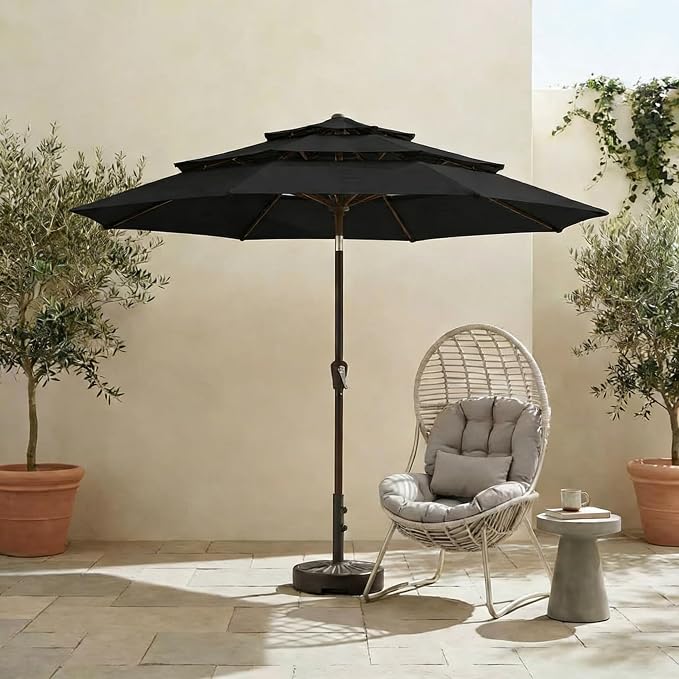 10ft 3 Tier Patio Umbrella, Outdoor Market Table Umbrella with UPF 50+ Vented Canopy, 8 Sturdy Ribs, Easy Push Button Tilt and Crank, Windproof for Deck, Pool, Backyard and Garden