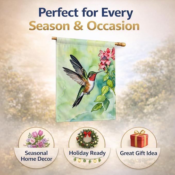 Caroline's Treasures Rubythroated Hummingbird House Flag Large Porch Sleeve Pole Decorative Outside Yard Banner Artwork Wall Hanging, Polyester, House Size, Multicolor
