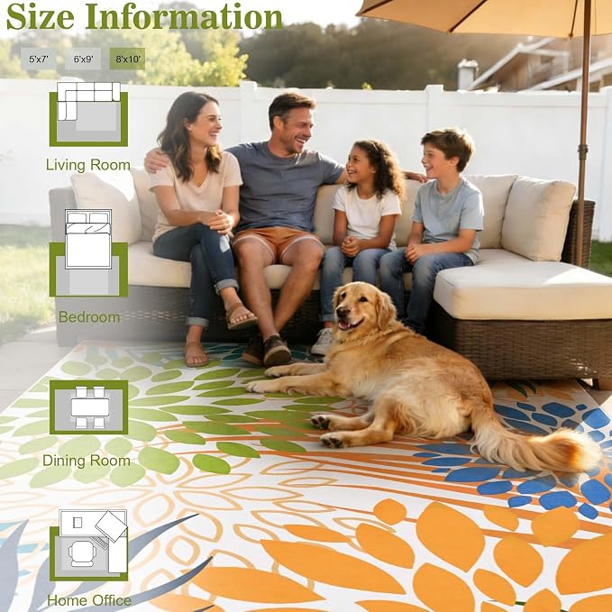 Yinhua Dahlia Floral Outdoor Rug 8x10 Colorful Indoor Outdoor Rugs Washable Patio Rug Non Slip Large Flower Area Rug Low Pile Outdoor Carpet for Patio, Deck, Porch, Balcony, Camping, Yellow Green
