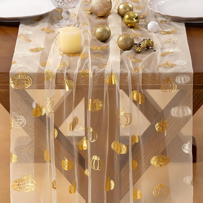 Socomi Gold Table Runner Fall Pumpkin Gauze Sheer Chiffon Cheesecloth Sequin 10FT Glitter Metallic Foil Dining Wedding Birthday Party Baby Shower Holiday Centerpiece Table Decor 3pcs Beige